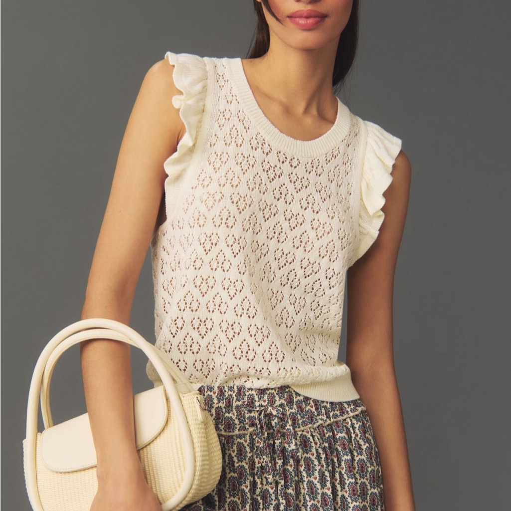 Maeve Pointelle Cream Ruffle Sleeve Lace Sweater